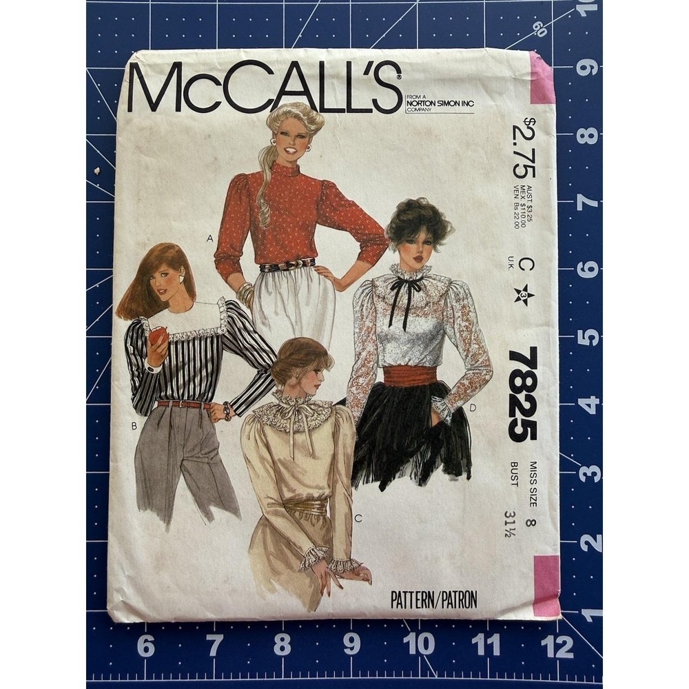 McCall's Pattern 7825 Misses 1980s Pullover Blouse‎ Back Neck Opening Size 8 CUT